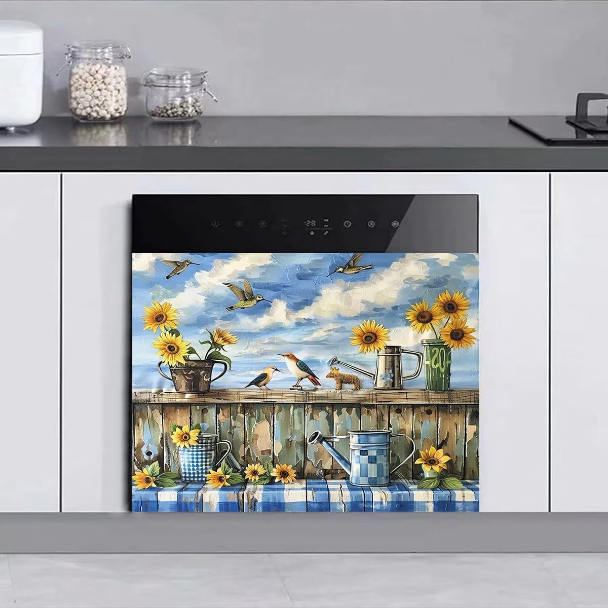 Vase Sunflower Dishwasher Magnetic Cover for Door Front, Birds Refrigerator Magnet Decor Sticker, Oil Painting Style Dishwasher Home Appliance Magnet Panel Decal (23" x 17" Magnetic)