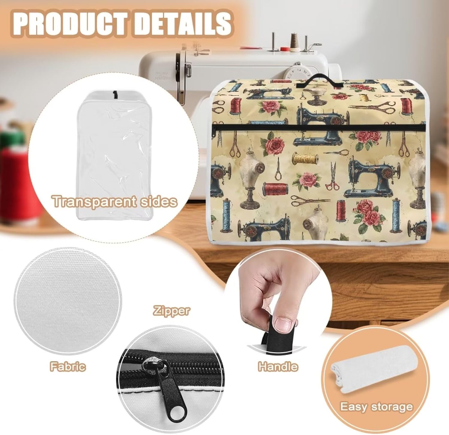 Sewing Machine Carrying Case Sewing Machine Dust Cover for Home Decor Dustproof Waterproof Scratchproof Protector with Storage Pockets（Sewing Machine Print）