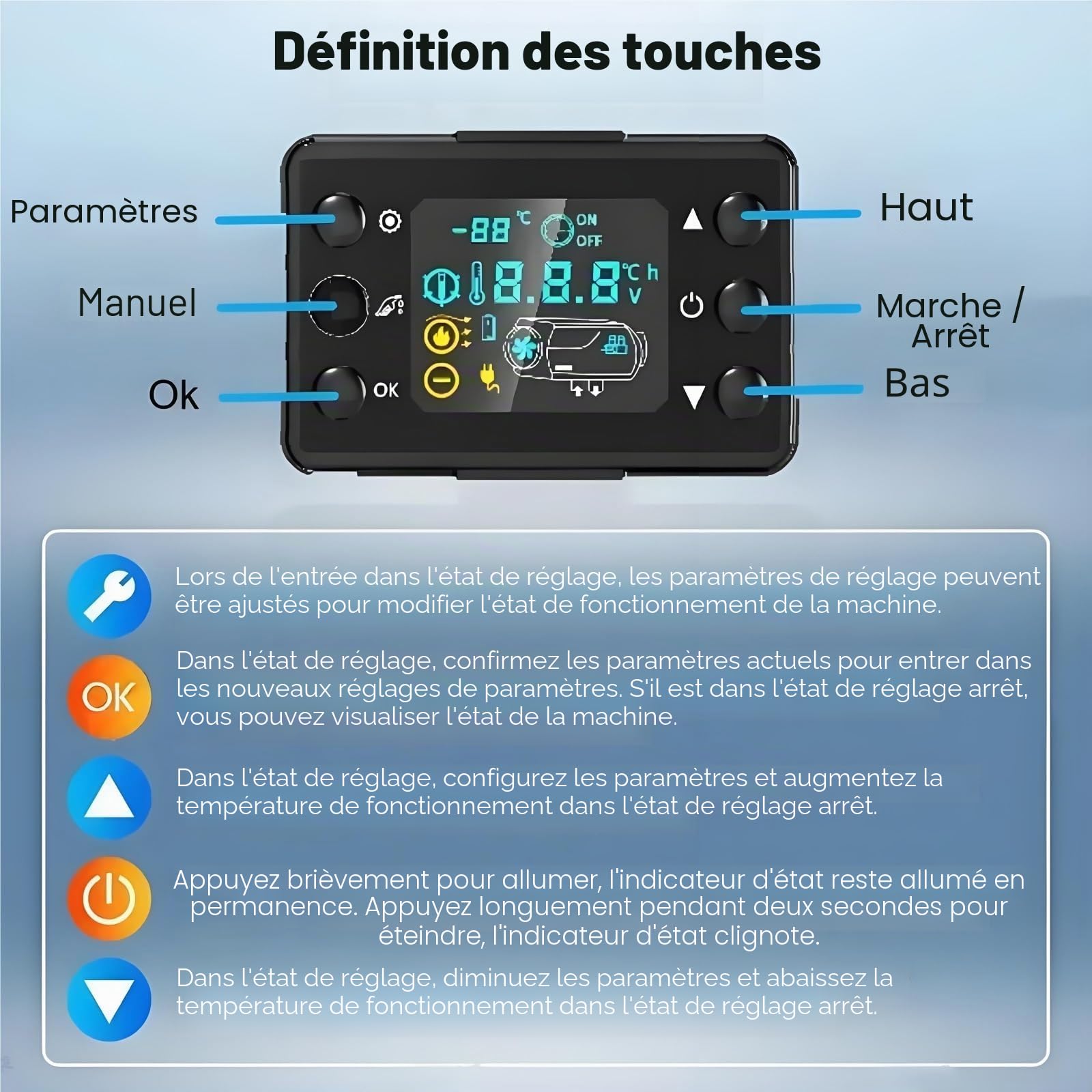 Chauffage Diesel Silencieux 2KW/5KW 12V/24V Kit Complet De Chauffage Pour Camping Car Camion Remorque Bateau Fourgon Avec Ecran LCD Pompe Ventilateur(12V24V 2KW)