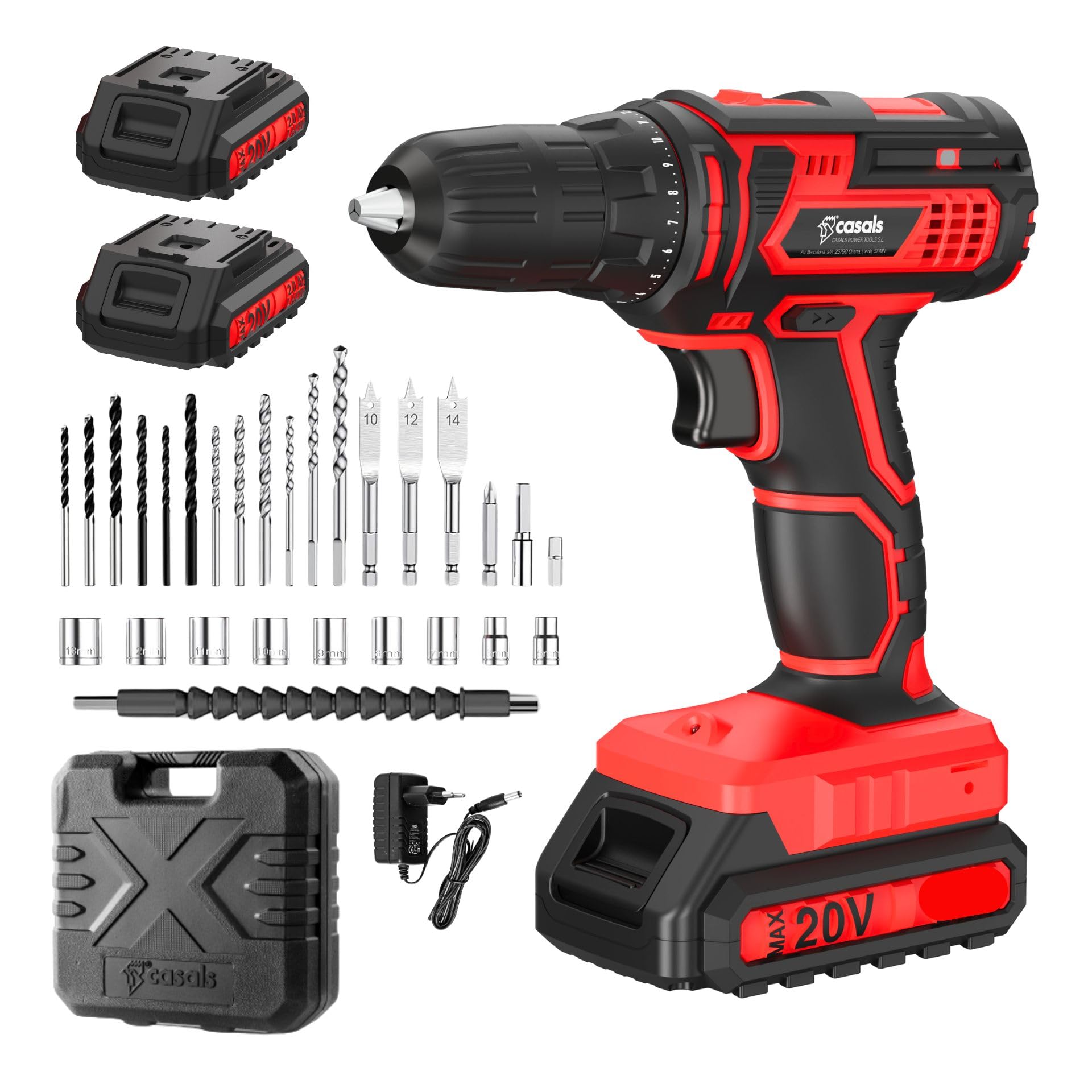 Casals - Taladro Atornillador Electrico 12V | 1400 RPM | 2 Baterías | 1500mAh Batería Larga Duración | 18+1 Posiciones | 9 Brocas + 9 Llaves + 4 Puntas + Eje Flexible + Adaptador Hexagonal + Maletín