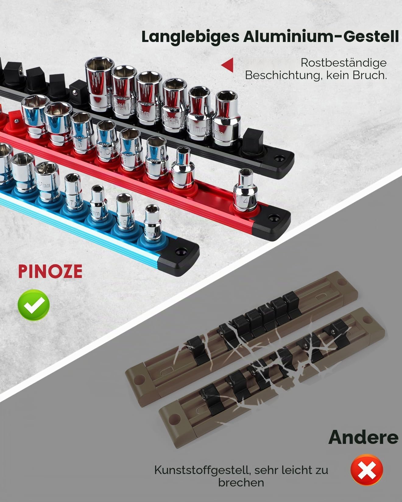 PINOZE Magnetischer Steckschlüsselhalter-Organizer-Set – 1/4, 3/8, 1/2 Zoll (1/2 Zoll), Aluminiumlegierung, für Werkzeugkasten, Schublade, Steckdosenregal-Set mit 114 Clips für Automobil-Garage (blau