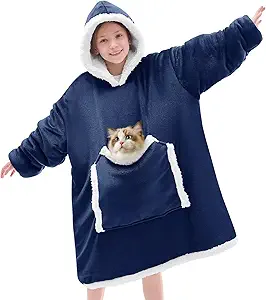 JOYWOO Navy Kids Wearable Blanket Hoodie, Oversized Cat lovers Hoodie Blanket for kids & Teens,Birthday Gifts for Girl Boys,Warm Cozy Fuzzy Sherpa Fleece Sweatshirt Blankets with Giant Pocket Gifts