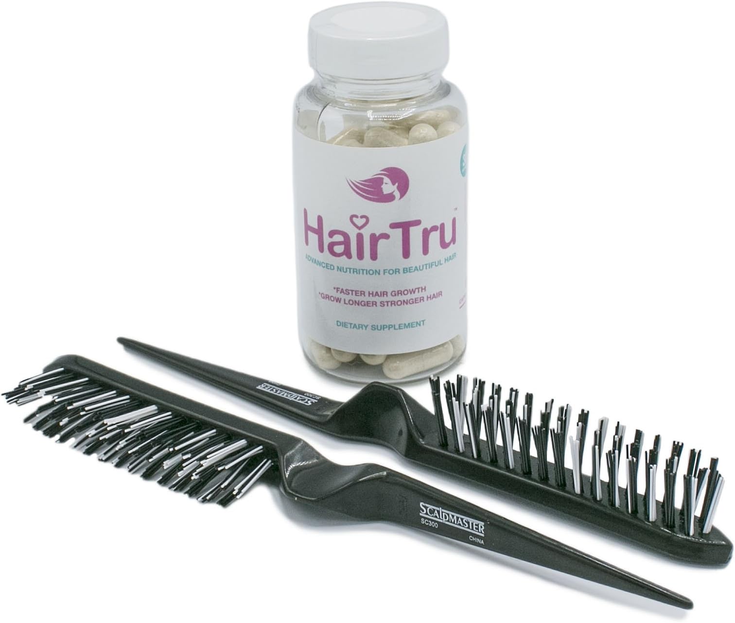 Hair Tru Hair Growth Vitamins, 1 Month Supply and 2 Scalpmaster Brush