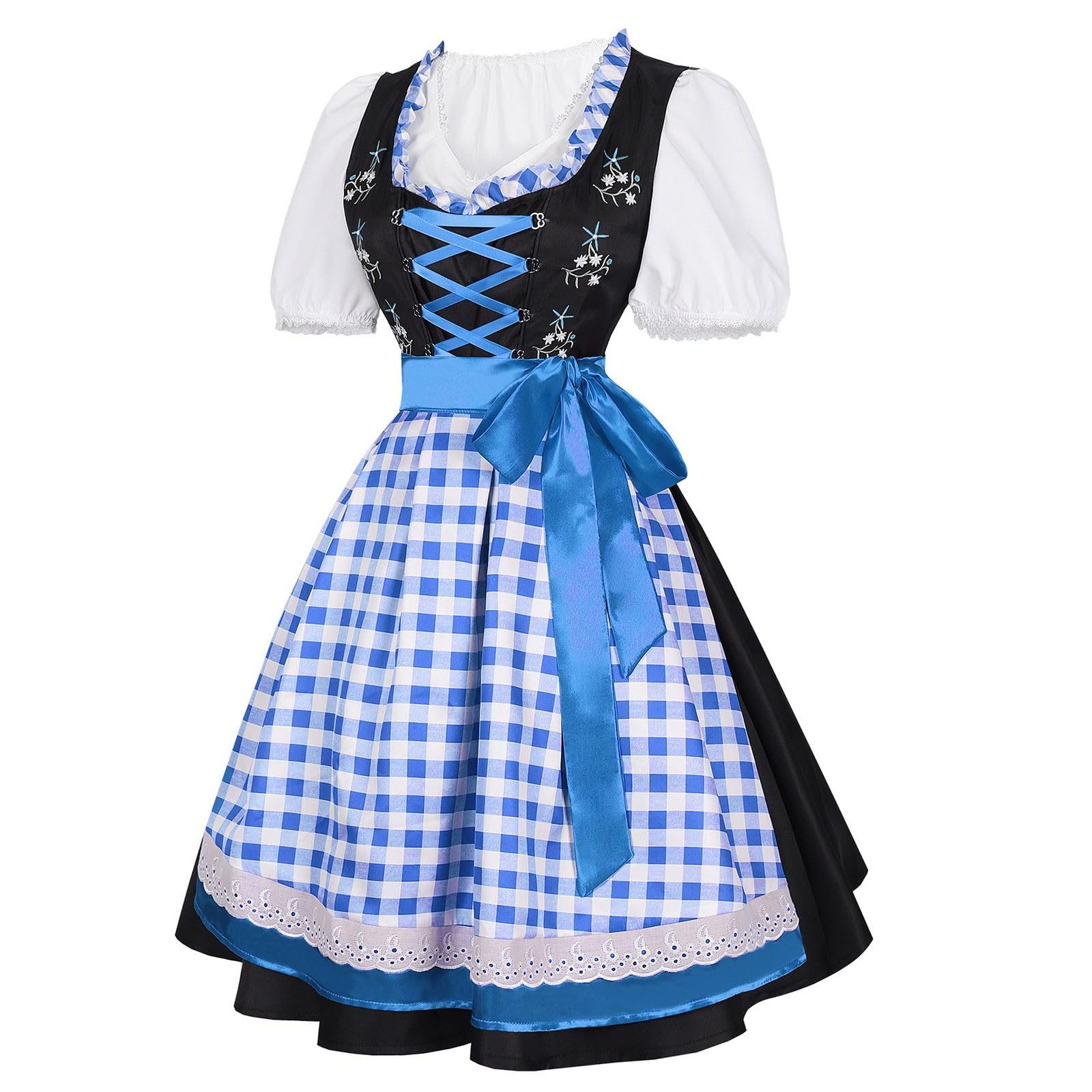 Dirndl Midi Damen, Modern Elegant Trachtenkleid Trachten Knielang Übergröße Dirndlkleid Spitze Trachtenrock Mit Bluse Schnürung Vorne Dirndlschürzen Grosse Grössen Schürze Dress Besondere Anlässe