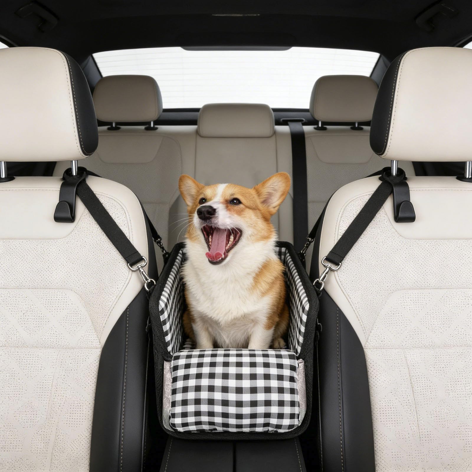 Siège auto pour petits chiens et chats, sûr sur le siège arrière, siège passager et console centrale, avec double fixation, pliable et portable, avec couvercle, lavable et installation facile, noir