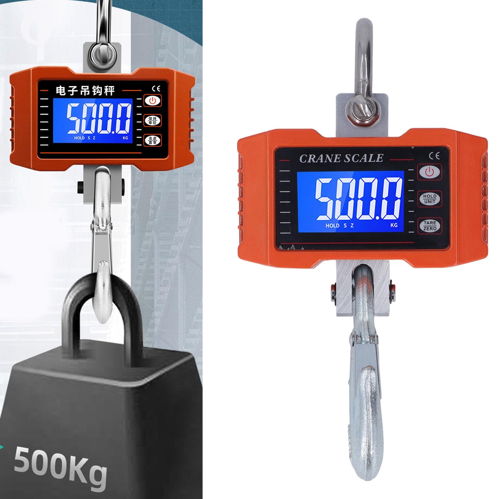 Báscula colgante digital de 1000 kg con control remoto, báscula de grúa industrial resistente con pantalla LCD para almacén, camión, pesca, gancho de acero inoxidable, color