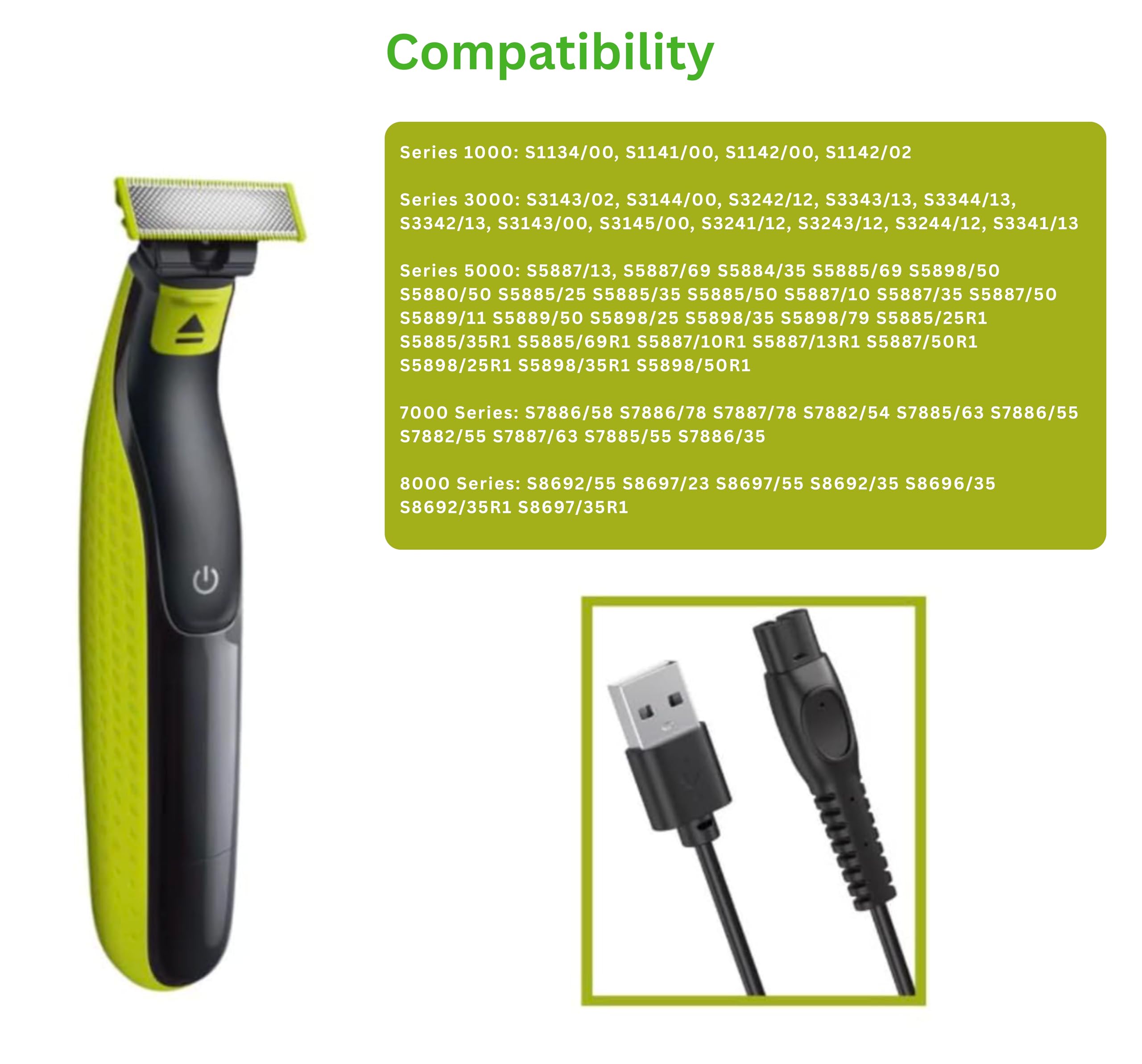 Ricambio Cavo USB 5V 100cm Caricabatterie per Rasoi Elettrici Philips Serie 1000, 3000, 5000, 7000, 8000