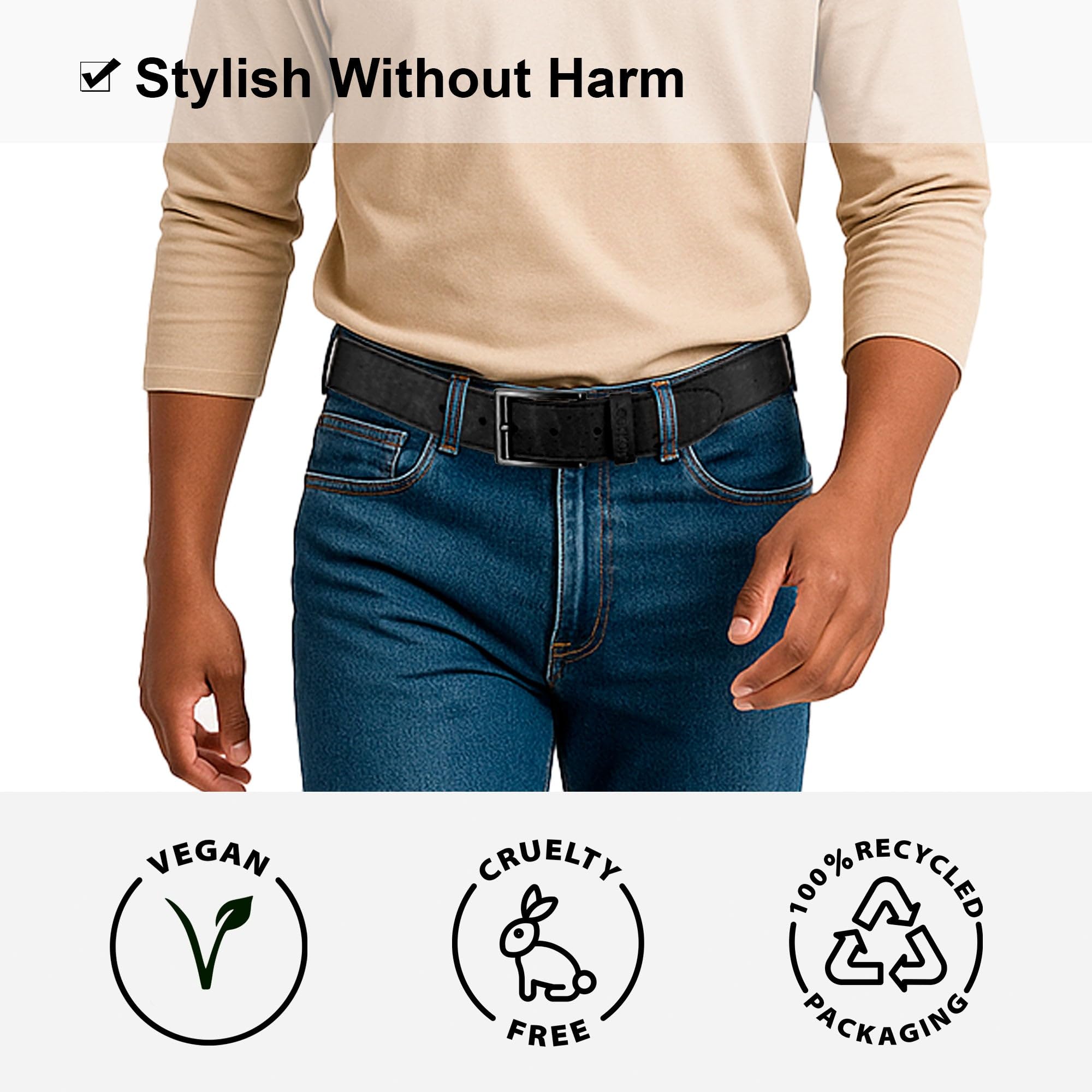 Corkor Cinturón de corcho para hombre, alternativa de cuero vegano, correa casual de 1.38 pulgadas con hebilla negra o plateada, sin piel, listo para regalo