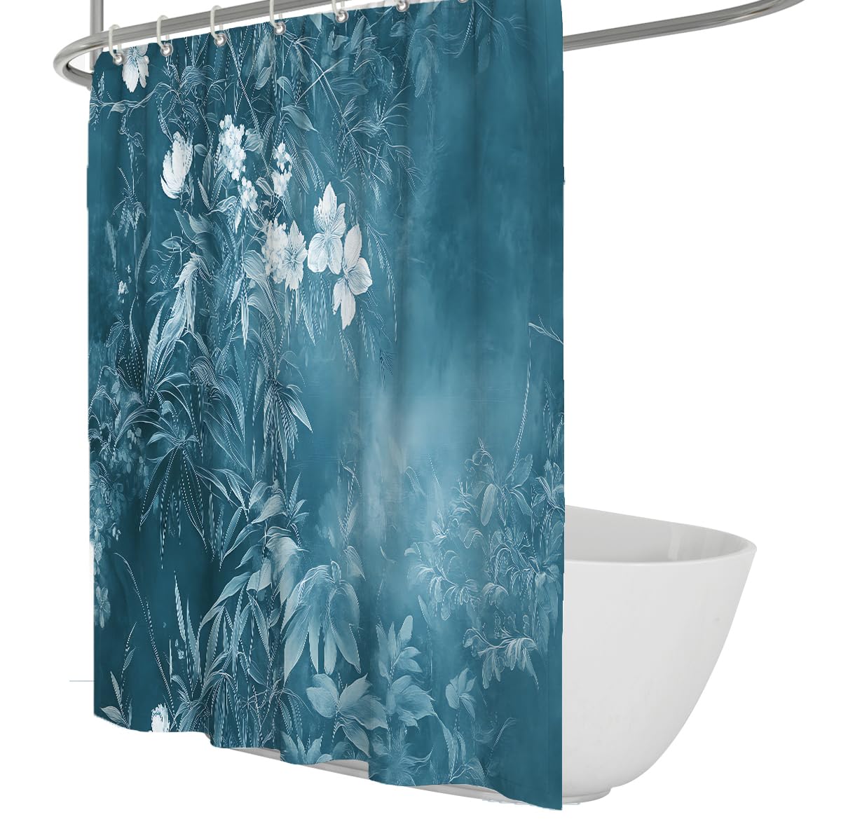 UERWOWELL Teal Shower Curtain for Bathroom Watercolor Bamboo Leaf Blossom Vine Pattern Fabric Bath Curtains Asian Botanical Bathroom Decor Waterproof W200xL200 cm
