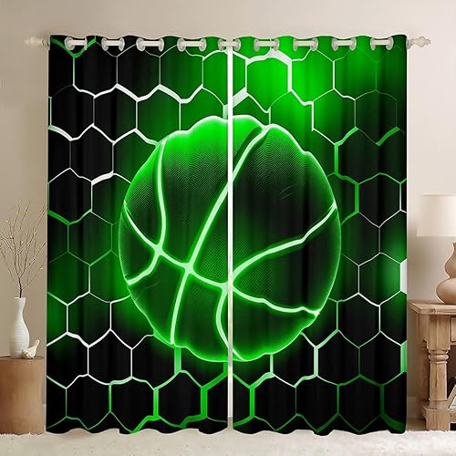 Manfei Cortinas de baloncesto para ventana, tratamiento de ventana de panal verde, líneas geométricas de neón, cortinas de ventana para niños y