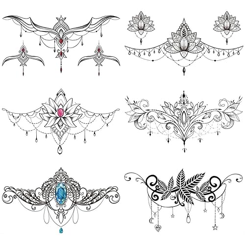 GLARYYEARS Tatuajes temporales en el pecho debajo del pecho para mujeres y niñas, paquete de 6 calcomanías negras falsas realistas de gran duración