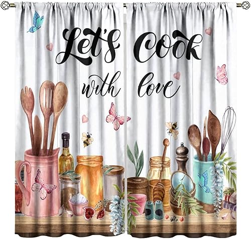 Miniatura 31 de Cortinas rústicas de cocina de granja, hojas verdes florales de primavera, cortinas retro de tablones de madera campestre para dormitorio, comedor,