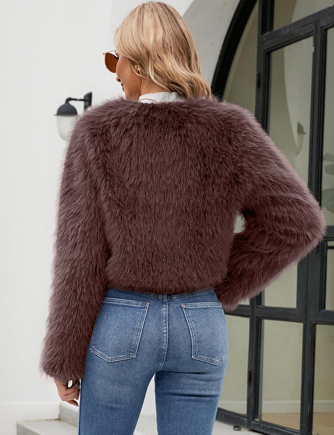 Gihuo Women's Winter Cropped Faux Fur Coat Long Sleeve Open Front Cardigan Fleece Jackets Shaggy Parka Outerwear - Image 7