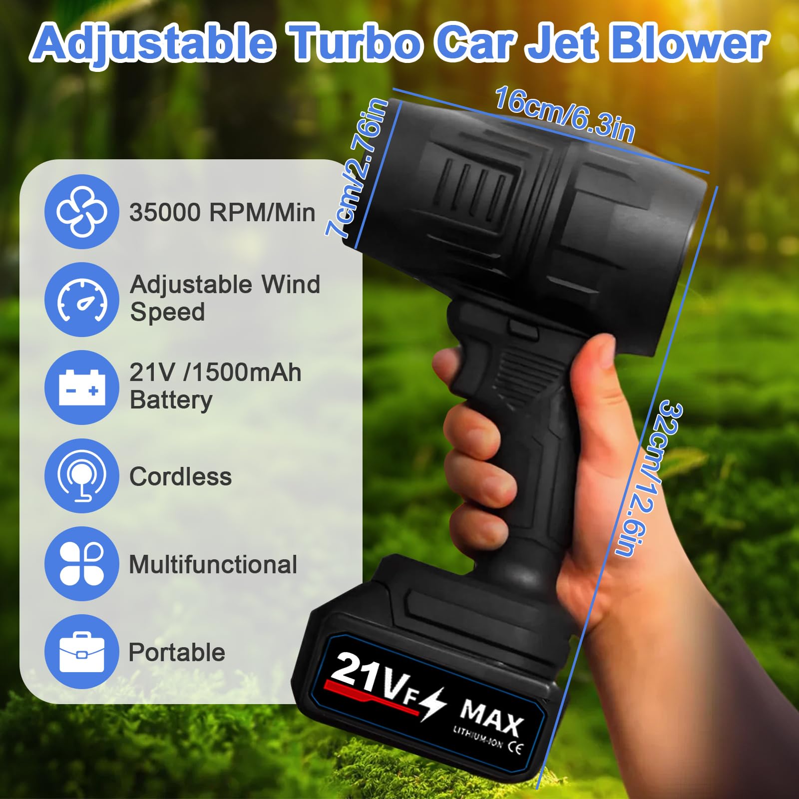 Secador de Aire para Coche, Soplador de Mano con Cargador y 2 Baterías, Plumero Eléctrico Recargable, Secador de CocheInalámbrico Portátil de Alta Potencia para Quitar Nieve, Polvo