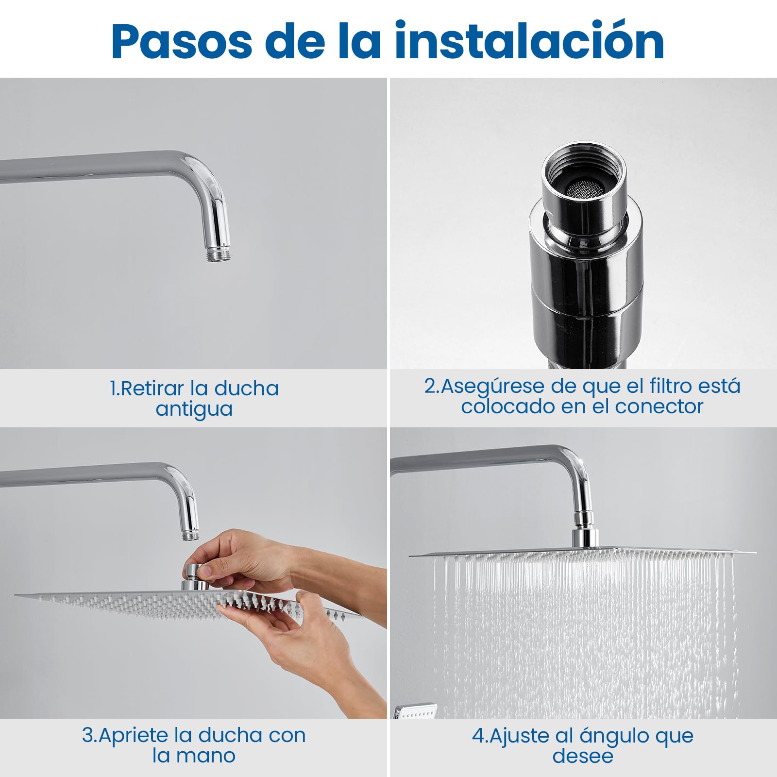Alcachofa de Ducha Grande Anticalcáreo y Alta Presión - Cuadrado 10 Pulgadas con Boquillas de Silicona Autolimpiantes - Ducha de Lluvia en Acero Inoxidable, Fija a Pared para Baño Moderno - Cromado