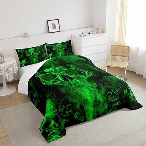 Miniatura 5 de Erosebridal Juego de edredón de calavera verde, juego de ropa de cama de esqueleto gótico para Halloween, para niños, adolescentes, adultos y