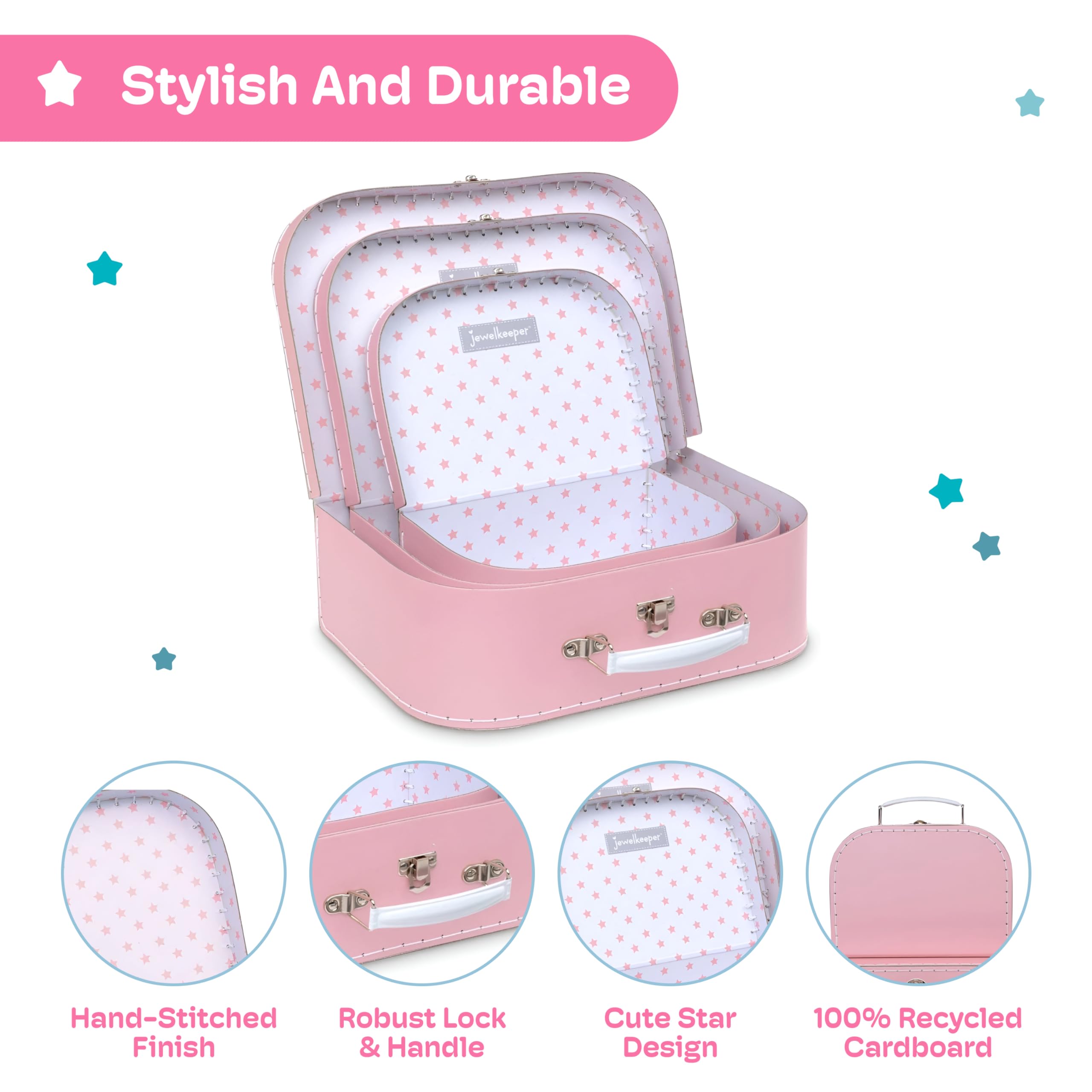 Jewelkeeper - Valigie in Cartoncino, Set da 3 – Scatole Regalo Portaoggetti Impilabili per Compleanno Matrimonio Natale Nursery Ufficio Decorazione Vetrine Giocattoli Foto - Disegno Rosa Chiaro Baby