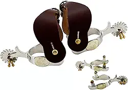 Jeereal Esporas masculinas ocidentais antigas de aço inoxidável com tiras de espora, acabamentos de prata alemães gravados