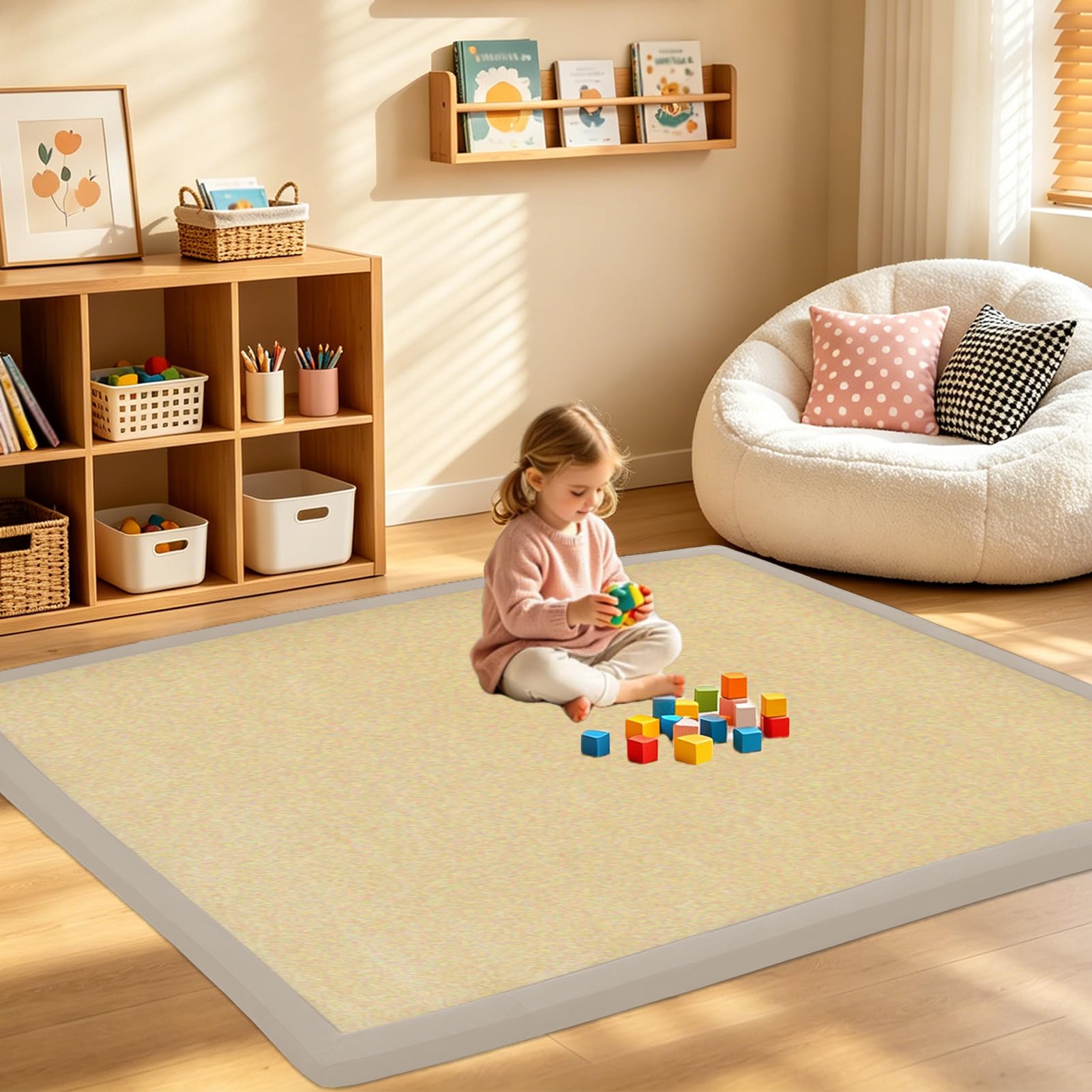RZUMXOPY Kids Rug 150 x 200 cm Thick Baby Play Mat Foam Floor Padded Playmats for Babies Childrens, Soft Playpen Tatami Mat for Crawling & Playing, Non-Slip Bottom Natural Brown