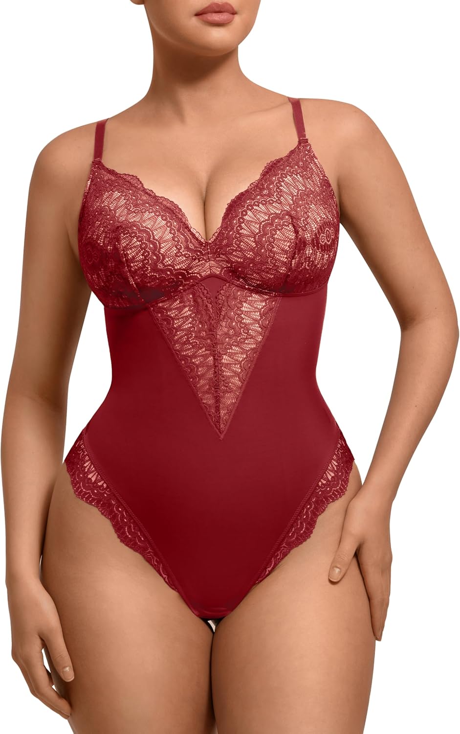 FeelinGirl Womens Body Suits Shapewear Tummy Control Backless Thong Body Shaper V Neck Compression Lace Bodysuit Tops