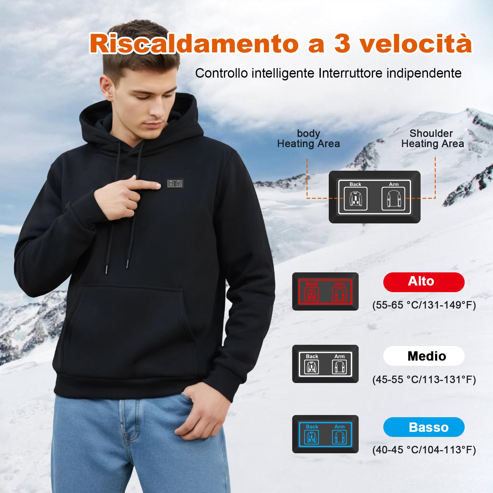 Felpa con Cappuccio Riscaldante con Interno in Pile per Uomo e Donna, Batteria 7.4V 20000mAh - Giacca Termica Intelligente 6 Zone, 3 Livelli di Calore per Outdoor, Campeggio, Escursionismo