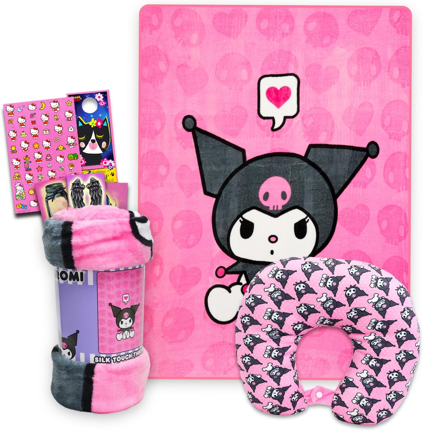 SANRIO Kuromi Neck Pillow and Blanket Set – Bundle Kuromi Travel Neck Pillow, Kuromi Fleece Blanket, Stickers, More | Kuromi Travel Accessories