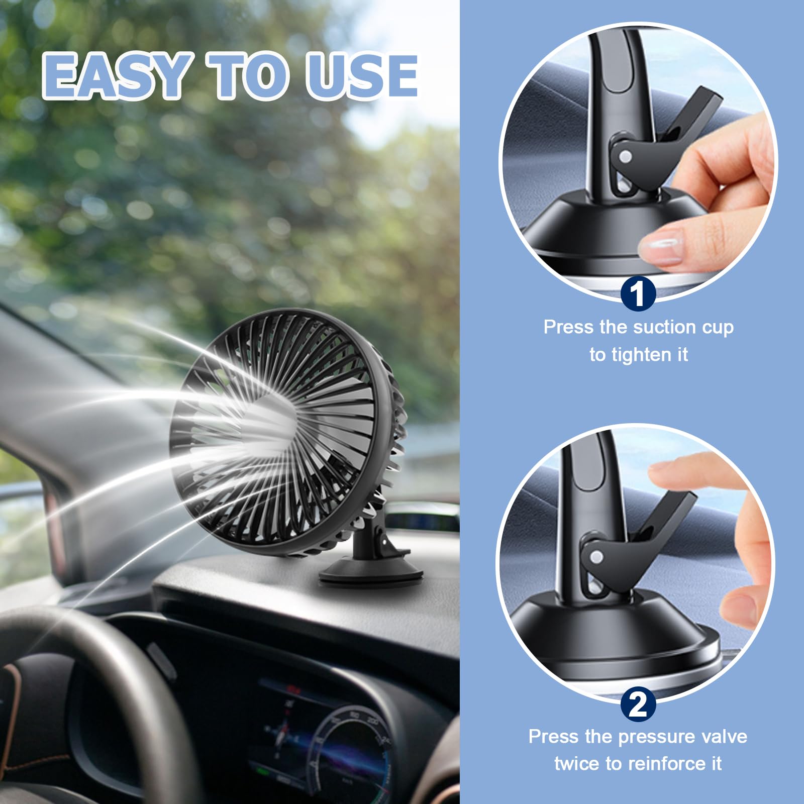 Ventilateur de voiture 12 V/24 V USB, rotation à 360 °, avec ventouse puissante, pour tableau de bord et pare-brise, 3 vitesses, ventilateur silencieux avec moteur en cuivre pur pour voiture, camion