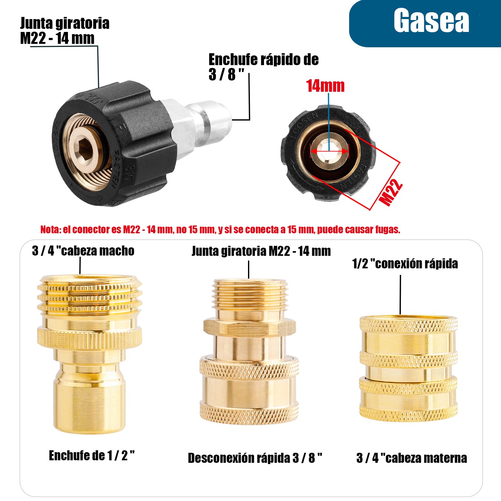 8 Pcs Adaptadores para Lavadora a Presión, Adaptadores de Lavadora a Presión, Kit de Accesorios de Manguera de Desconexión Rápida, M22 a 3/8'' Kit de Adaptador de Arandela, 5000 PSI