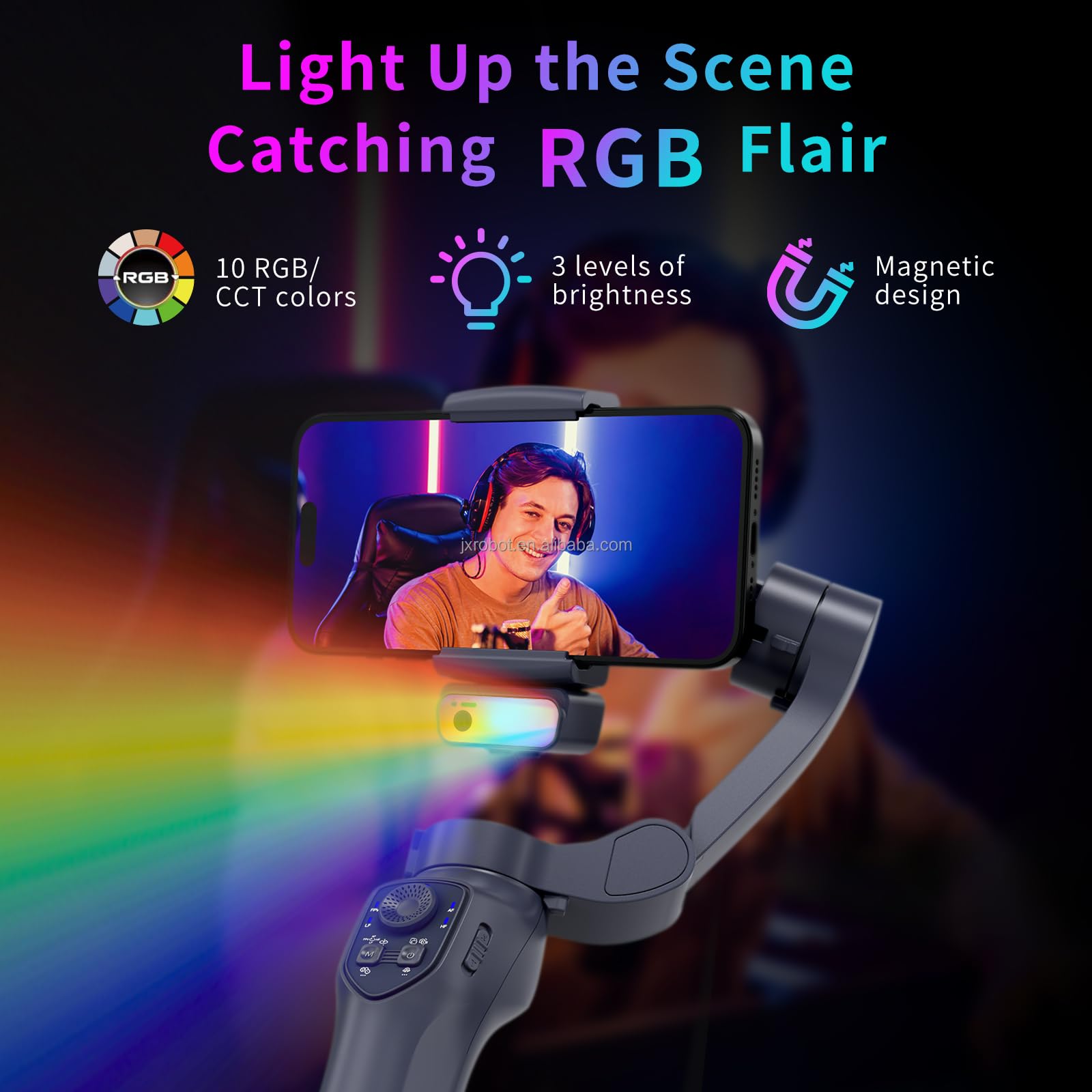 Estabilizador de cardán para smartphone de 3 ejes con seguimiento de IA y luz de relleno RGB, rueda de enfoque plegable, cardán para iPhone y Android