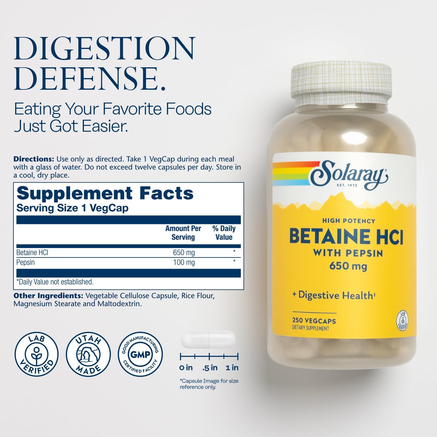 SOLARAY Betaine HCL with Pepsin - High Potency Hydrochloric Acid Formula - Digestive Health Supplement with Digestive Enzymes for Gut Health Support - 60-Day Guarantee, 250 Servings, 250 VegCaps