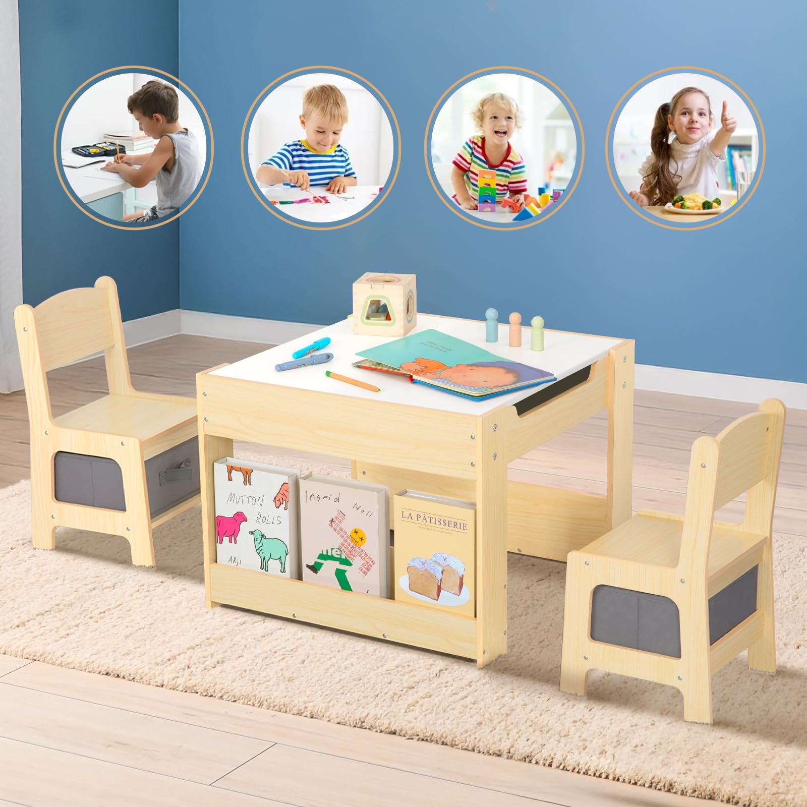 OOOK Table Enfant avec 2 Chaises 3-7 Ans, Table et Chaise Tout-Petit 4 en 1, Bureau Enfant avec Rangement d'activité pour Tout-Petits adapté à la Chambre d'enfant, crèche et Salle de Jeux