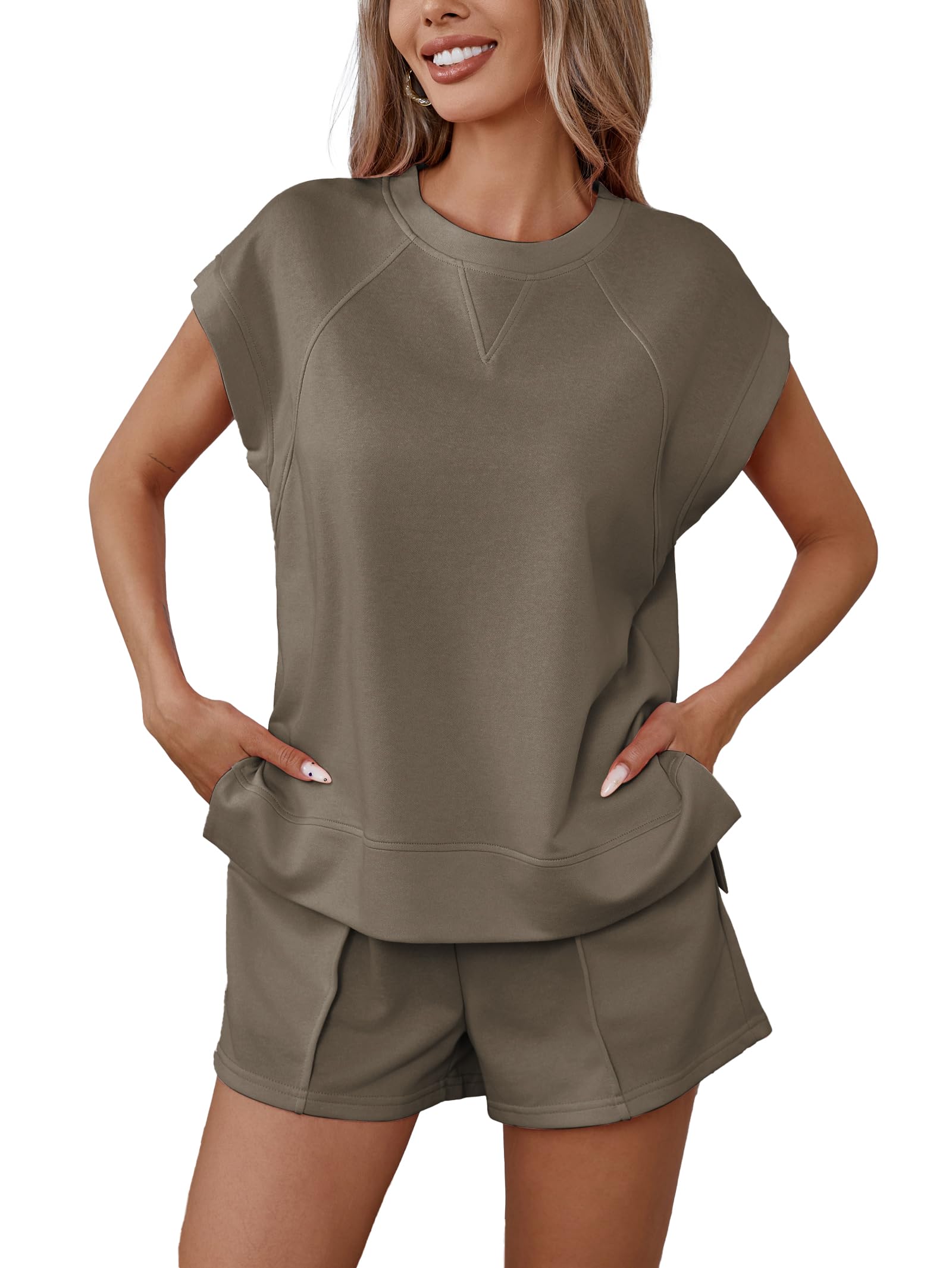 Famulily Conjunto de chándal de manga corta para mujer, cuello redondo, camisa con abertura lateral y pantalones cortos con costuras pellizcadas, conjunto de verano, tallas S-XL