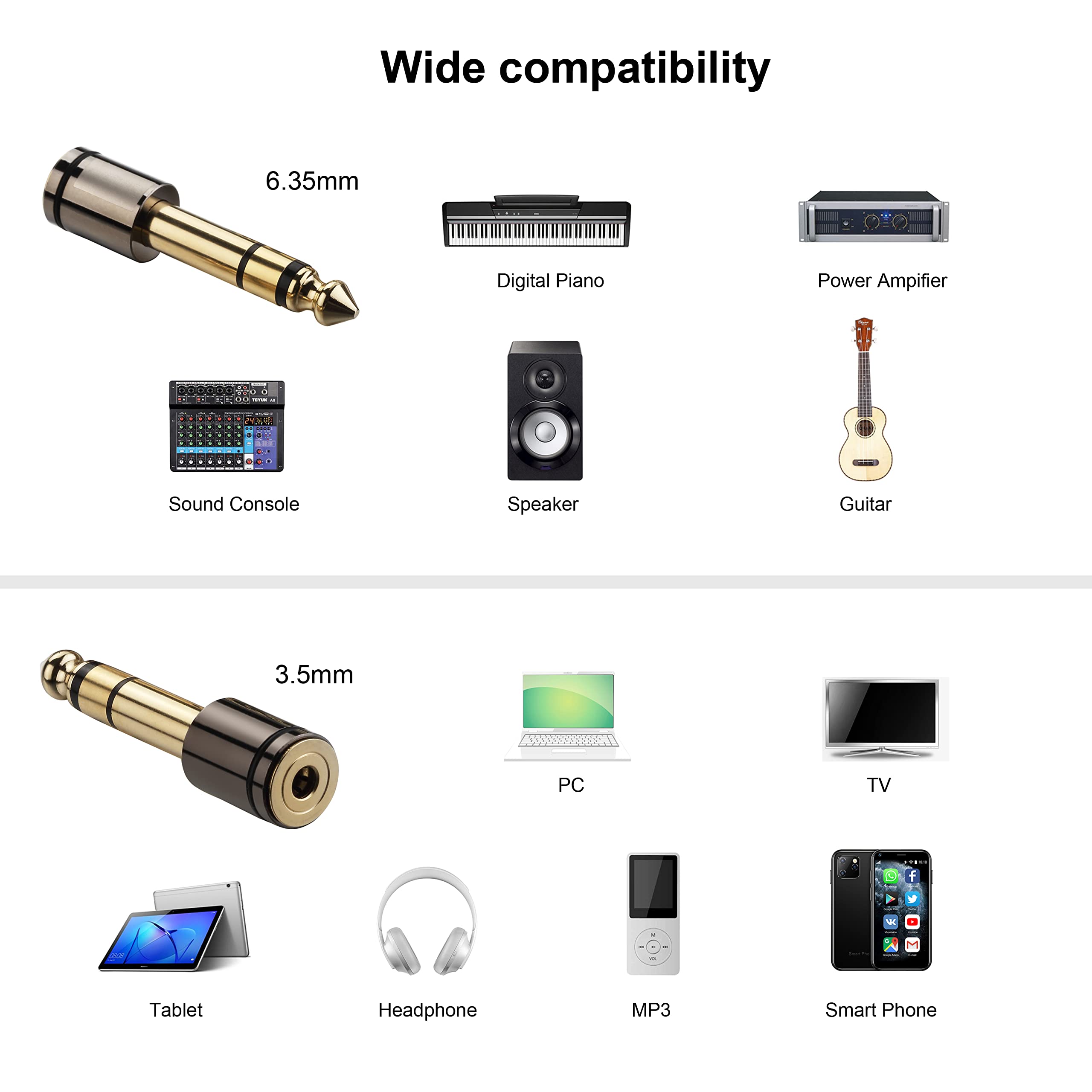3 adaptadores de audio estéreo de 6,35 mm 1/4 macho a 3,5 mm 1/8 hembra, adaptador de auriculares estéreo chapado en oro para smartphones, tabletas, auriculares, altavoz, guitarra