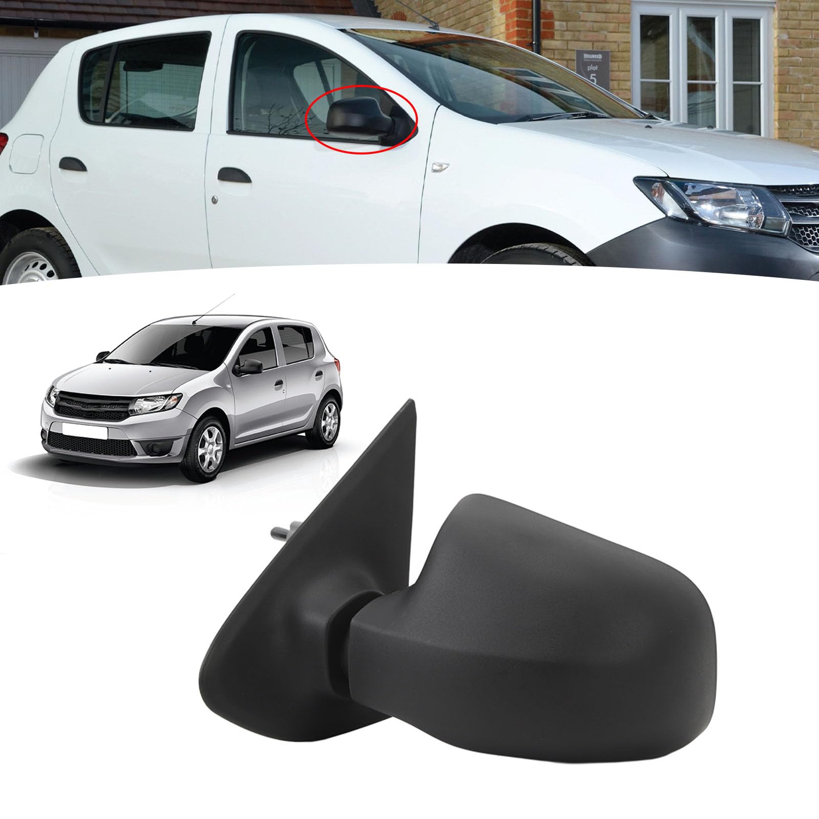Specchietto Retrovisore Sinistro (Lato Guida) per Dacia Sandero & Stepway MK2 2013-2016, Ripiegabile Manuale, Completo, Sostituisce OE 963018898R, Nero