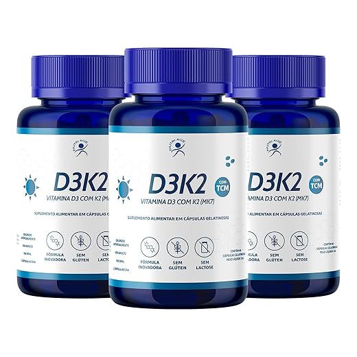 NUTRIAGE - Vitamina D3 + Vitamina K2 (2000 Ui/65mcg) - Suplemento Alimentar em Cápsulas para Fortalecimento Ósseo - 180 Cáps (3 Frascos)