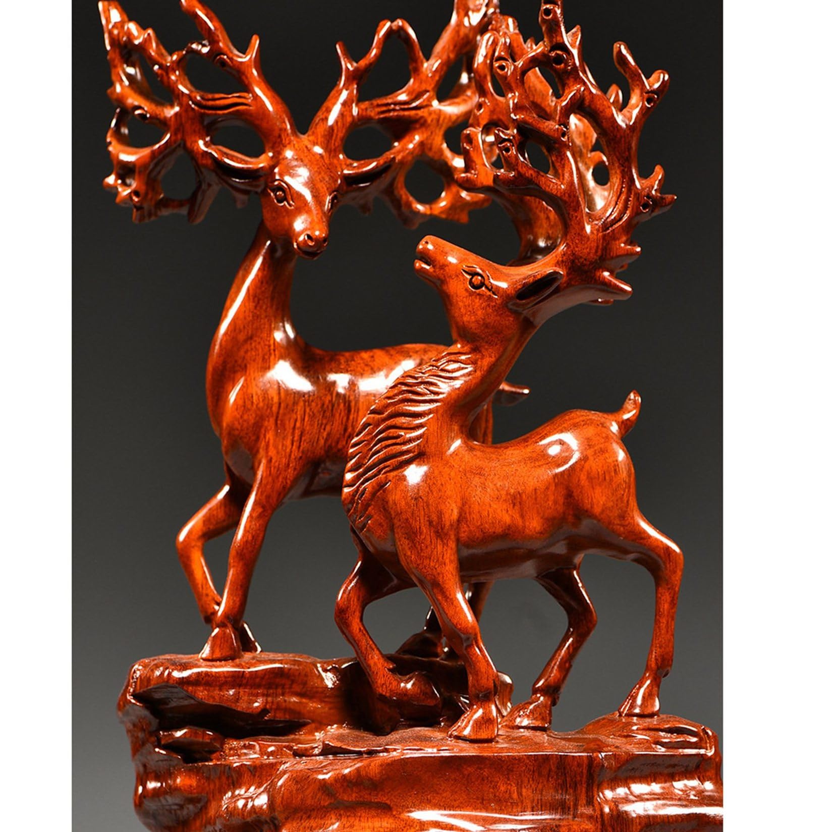 木彫り エゾシカ 鹿彫像 木製彫刻 置物 招財 開運 金運アップ