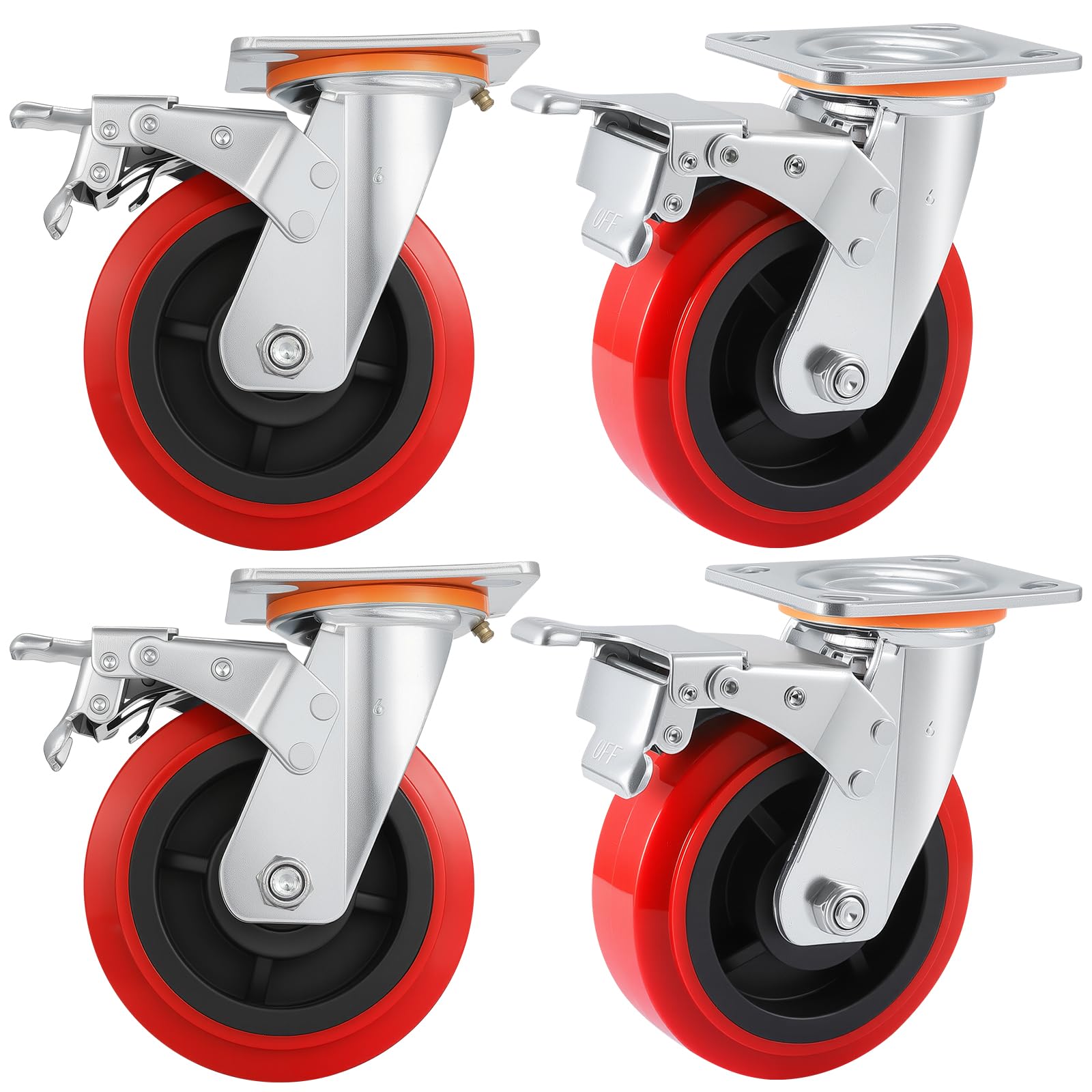 Nfbcxutkw 4Brake 6 Inch Caster Wheels,Industrial Heavy Duty Caster Set Of 4,Polyurethane Surface Tpe Casters,Load 5000Lbs Swivel Brake Plate Casters,For Industrial Equipment (, 6 Inch)