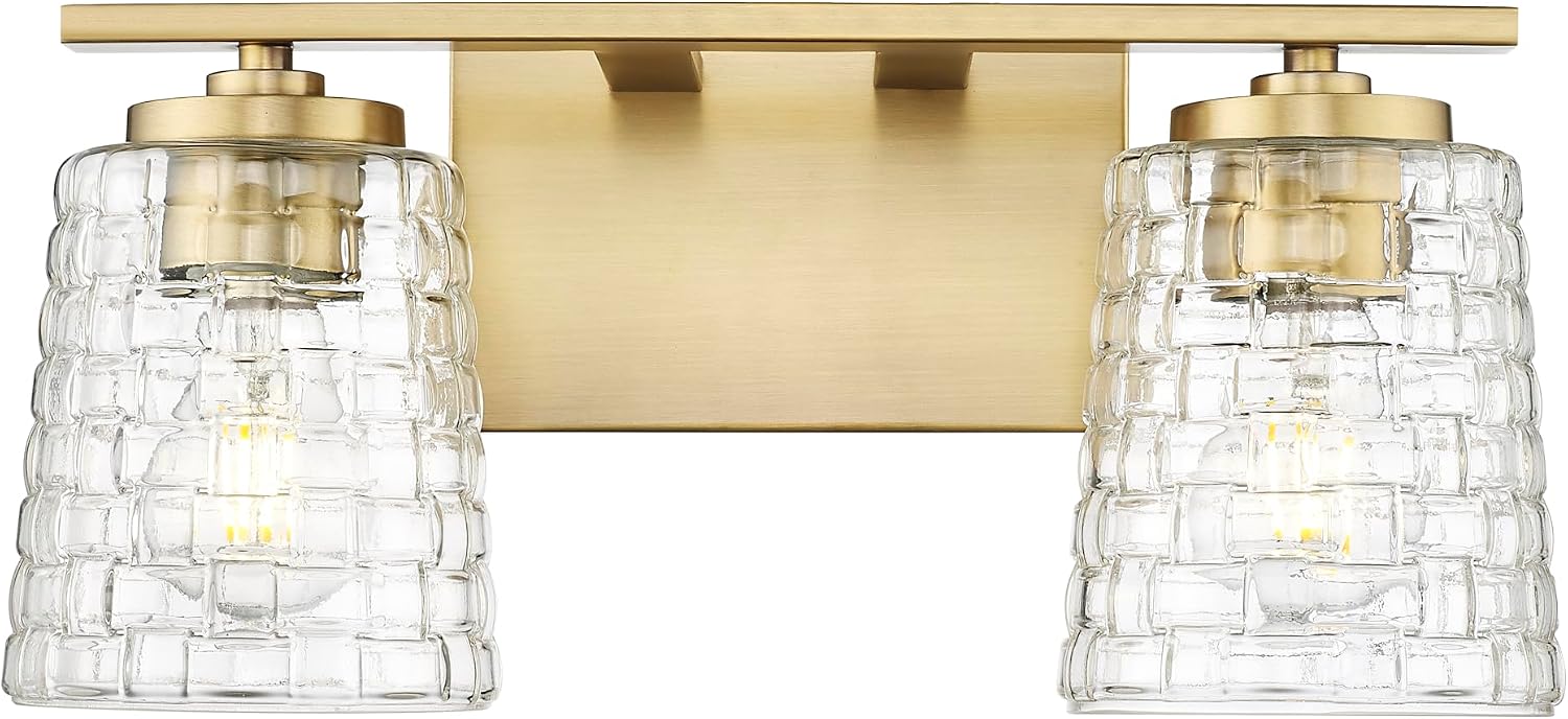 ML Lighting | Saben Collection | 22102-VB | Indoor 2 Light Vanity in Vintage Brass with Clear Woven Lattice Glass Shade | Elegant and Versatile Design for Any Bathroom
