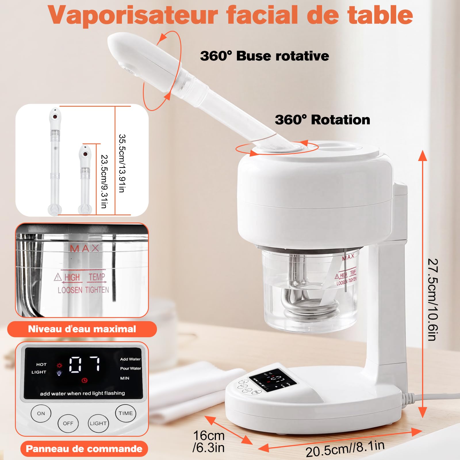 Vapeur portable pour le visage, ozone et brume chaude, humidificateur de table pour spa du visage, soins de la peau à domicile, salon de beauté professionnel avec buse rotative à 360 °