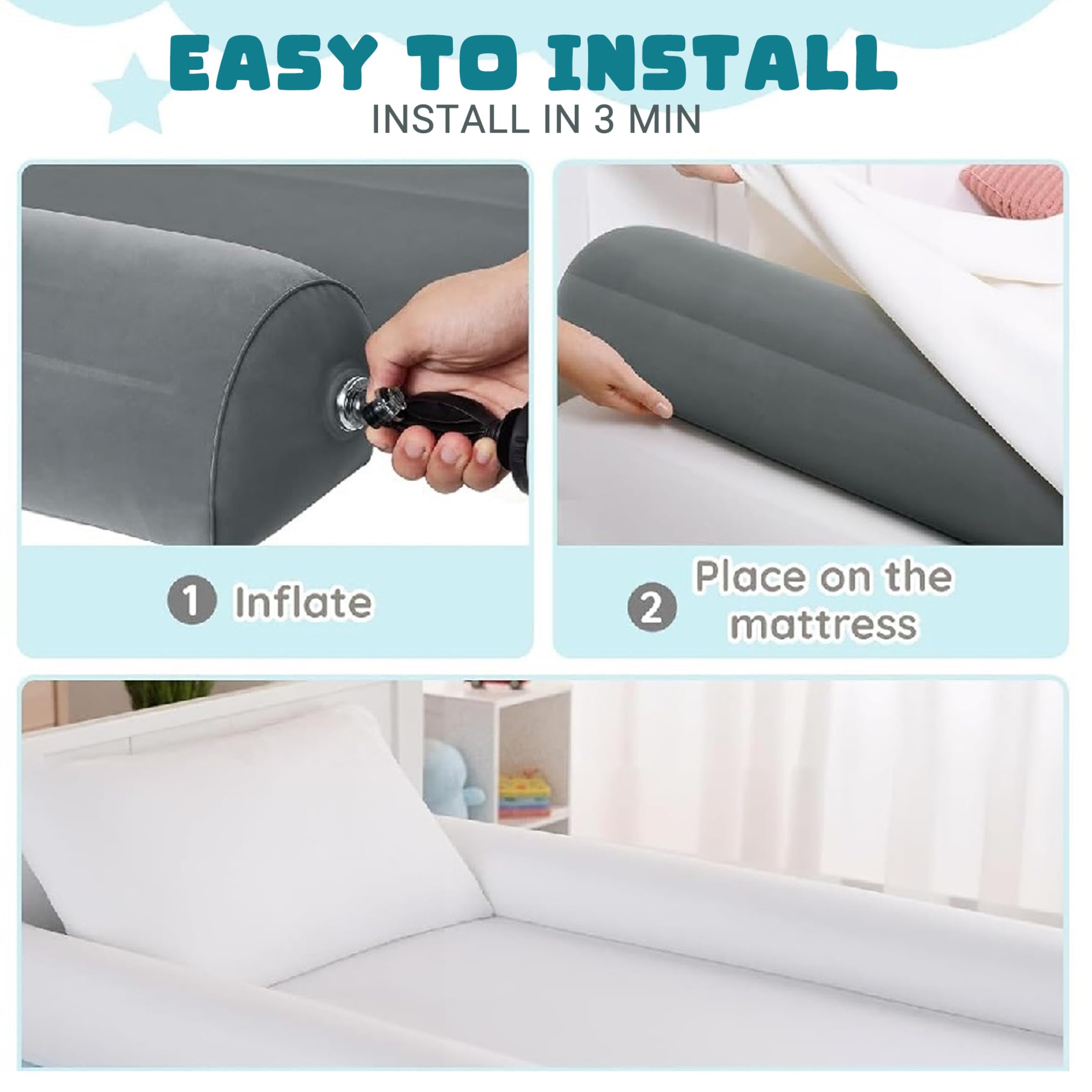 2 uds., rieles de Cama inflables, Parachoques portátiles para Cama de niño pequeño para Viaje, Parachoques de Cuna fácil de Instalar para Viaje de Vacaciones, Gris