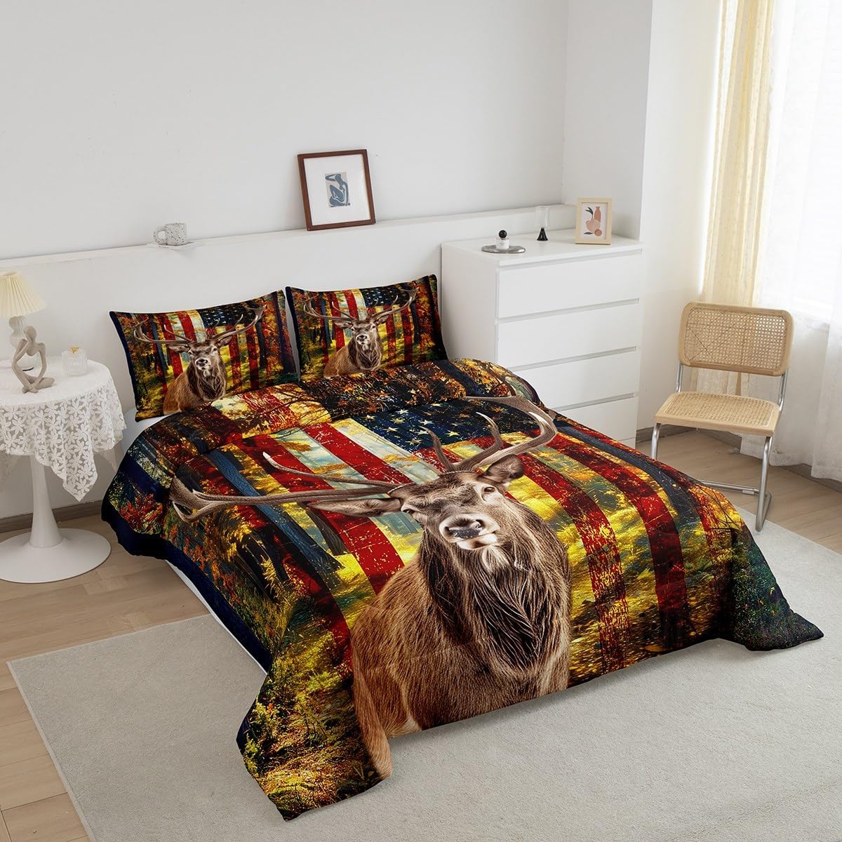 Erosebridal 3D Deer Duvet Set Elk Antlers Bedding Set Twin Size Animals Print Comforter Set American Flag Quilt Set Room Decorative Retro Comforter Set