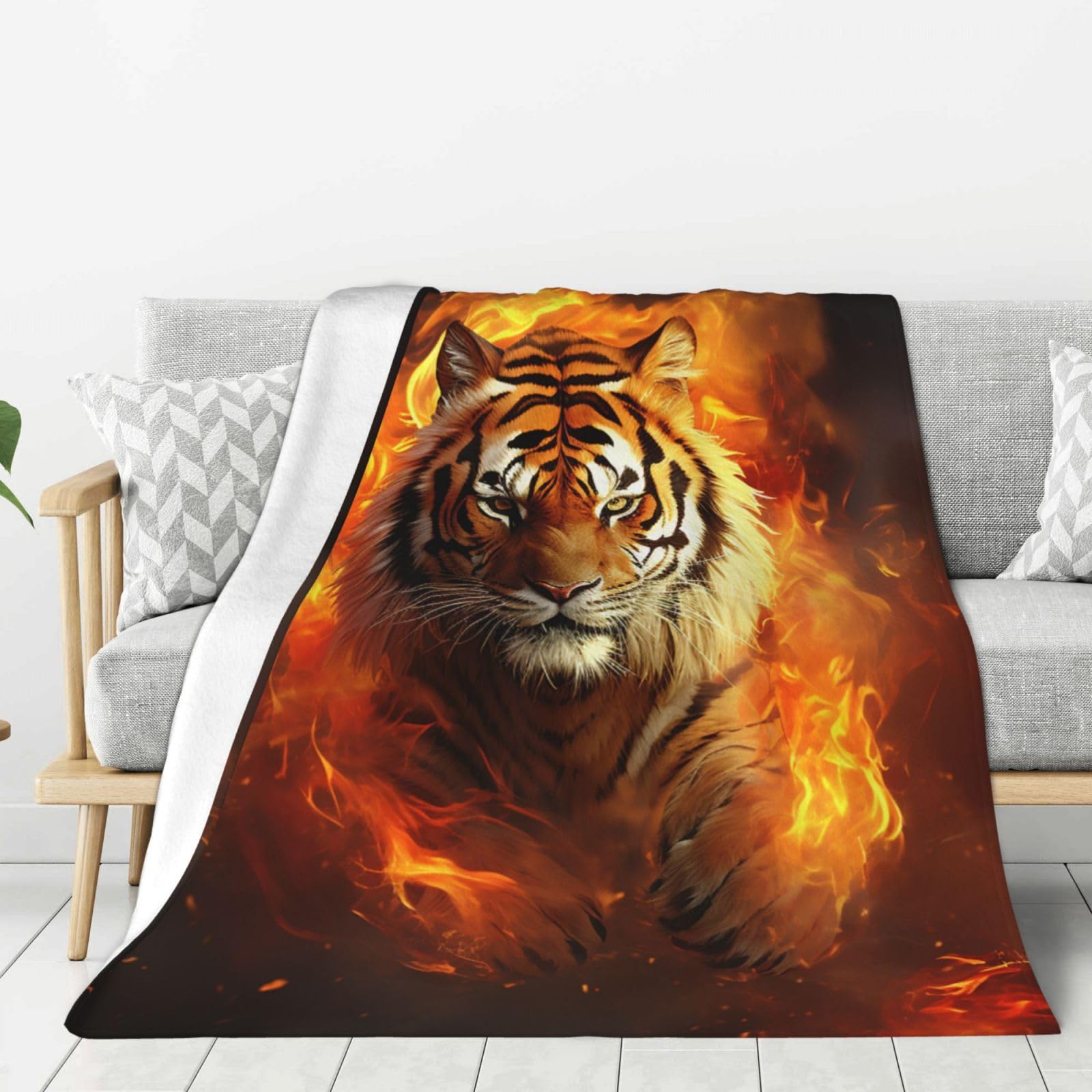 Couverture polaire en flanelle tigre en flamme 150x130 cm pour canapé