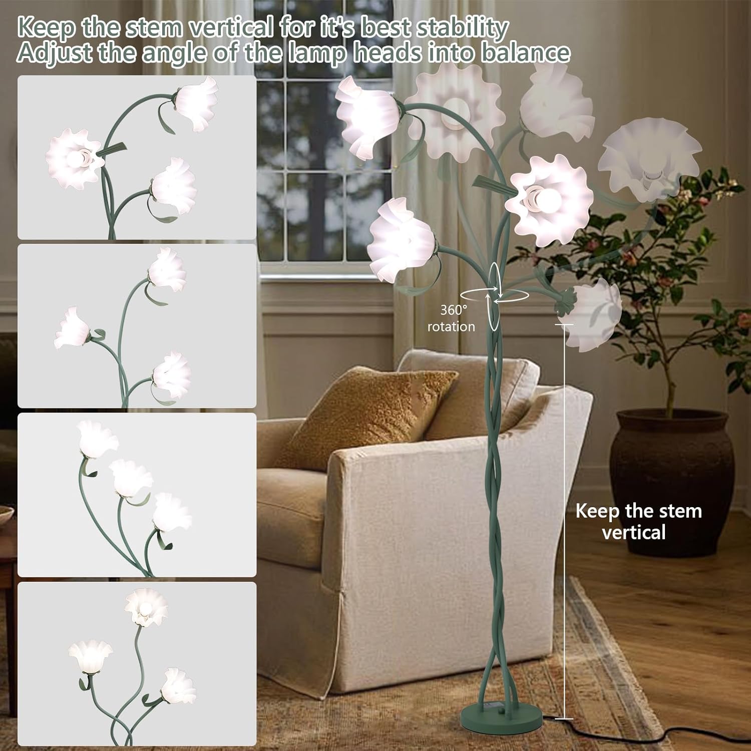 Vintage Flower Floor Lamp for Girls' Bedroom, Cute 3 Heads Floor Reading Light with Flexible Gooseneck, 3 Colors Modern Corner Standing Lamp with Lily for Living Room Office Home Decor, Bulbs Included