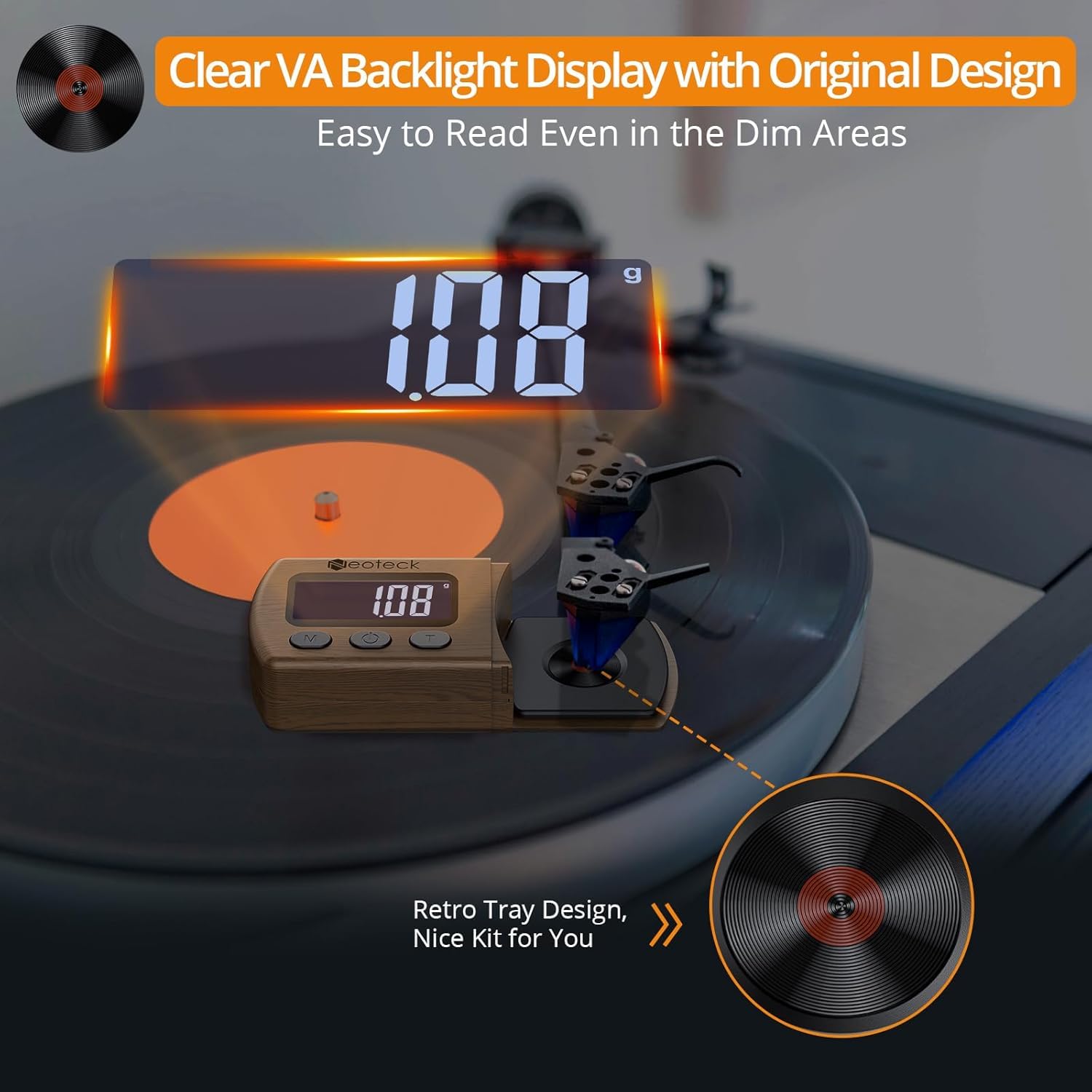 Neoteck Digital Turntable Stylus Force Scale Gauge 0.01g/5.00g Black LCD Backlight for Tonearm Phono Cartridge-Brown