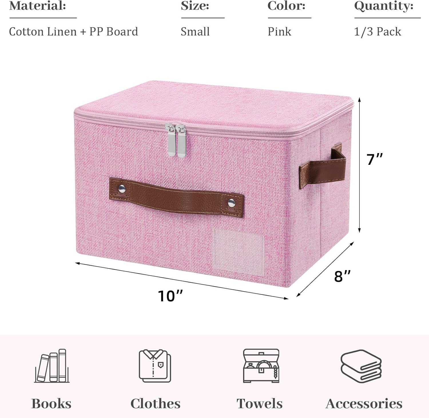 Lucky Monet 1PCS Storage Bins with Zipper Lids 10"x8"x7" Foldable Lidded Fabric Storage Boxes Baskets Cotton Linen Closet Shelf Clothes Organizer Container with Handles & Label Pocket (Pink, Small)