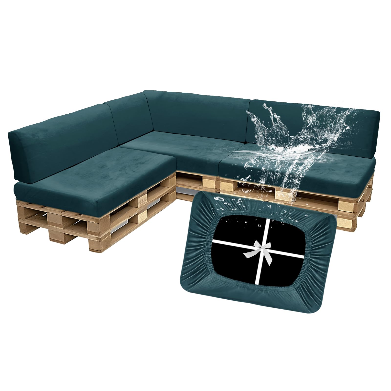 SYLC Waterproof Pallet Cushions Covers, Stretch Velvet Cover for Pallet Furniture Cushions, Outdoor Corner Sofa Covers for Rattan Wooden Patio Garden (Blue,7 PCS(3 Seats+4 Backs))