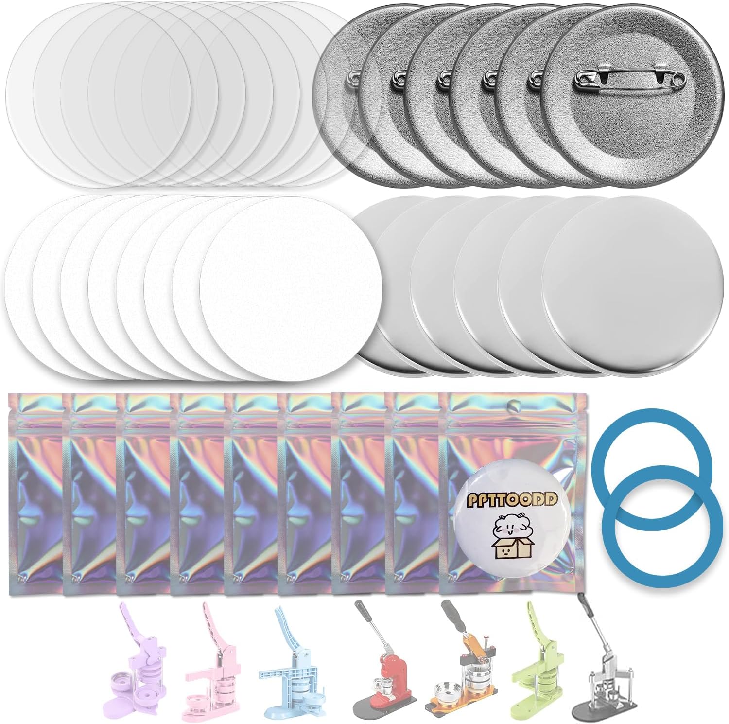 200 Sets 58mm (2.25 inch) Button Making Supplies for Your Round Button Maker Machine, Including Metal Covers, Metal pin Back Cover, Clear Plastic Film, Blank Paper, Gasket & Holographic Bags