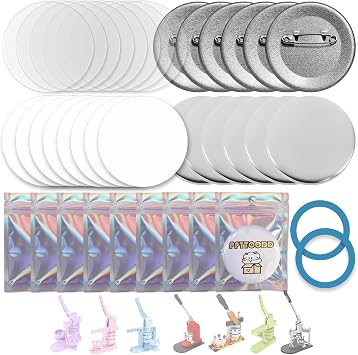 200 Sets 58mm 2.25 inch Button Making Supplies for Your Round Button Maker Machine, Including Metal Covers, Metal pin Back Cover, Clear Plastic Film, Blank Paper, Gasket & Holographic Bags