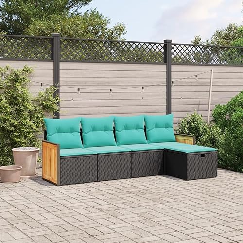 5-Piece Modular Garden Sofa Set Black with Blue Cushions, UV Resistant Water-Resistant Outdoor Furniture with Removable Washable Covers for Patio