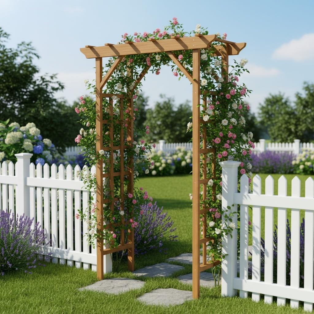 85 Inch Wooden Garden Arch, Rustic Pergola & Plant Trellis – Outdoor Wedding Archway Ceremony Decor, Garden Arbor for Backyard Lawn Courtyard Patio or Christmas Decoration (Light Brown, 57 * 22 * 85)